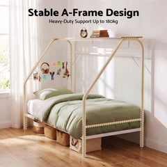 Artiss Single House Bed Frame Metal Canopy Bed Storage Shelf for Kids White