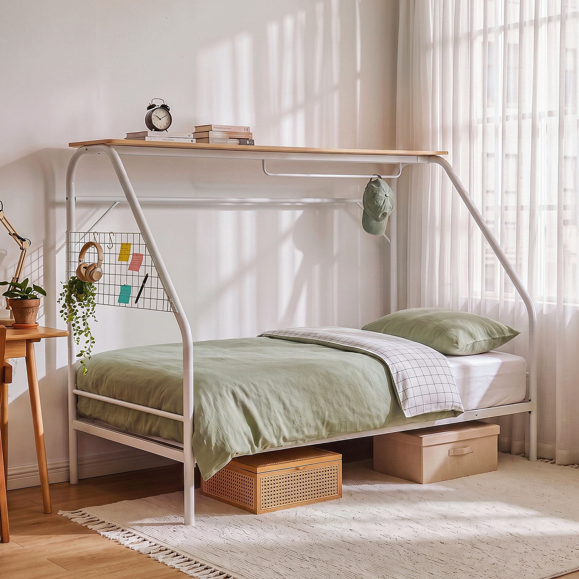 Artiss Single House Bed Frame Metal Canopy Bed Storage Shelf for Kids White