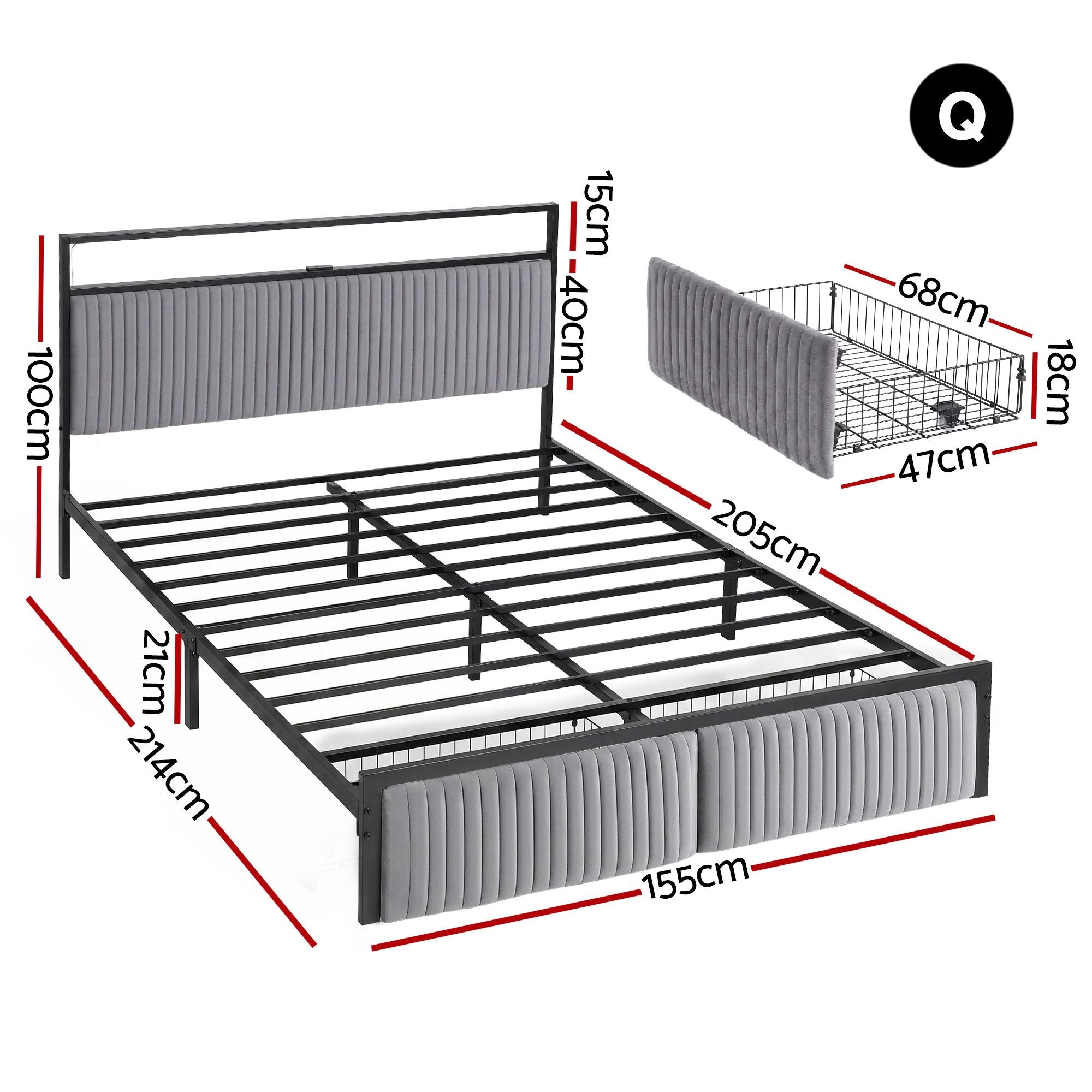 Artiss Metal Bed Frame Queen Size LED Charging Station 2 Drawers