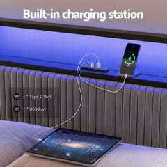 Artiss Metal Bed Frame Queen Size LED Charging Station 2 Drawers