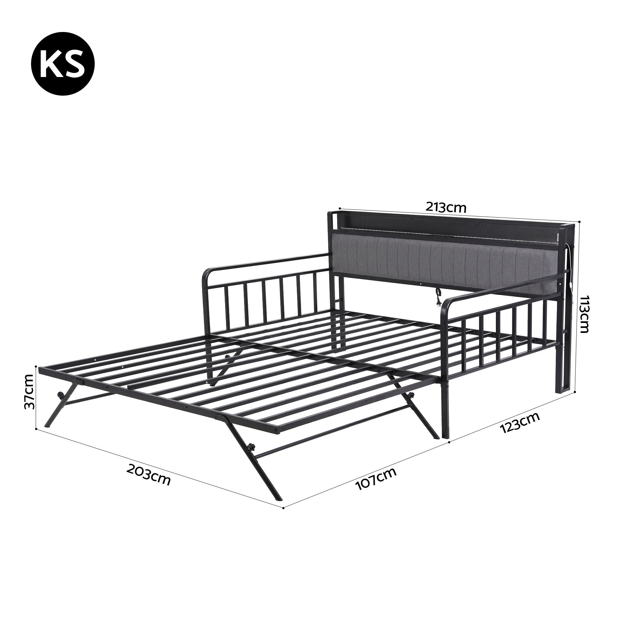 Artiss Bed Frame King Single LED Metal Trundle Daybed with Charging Station TURN