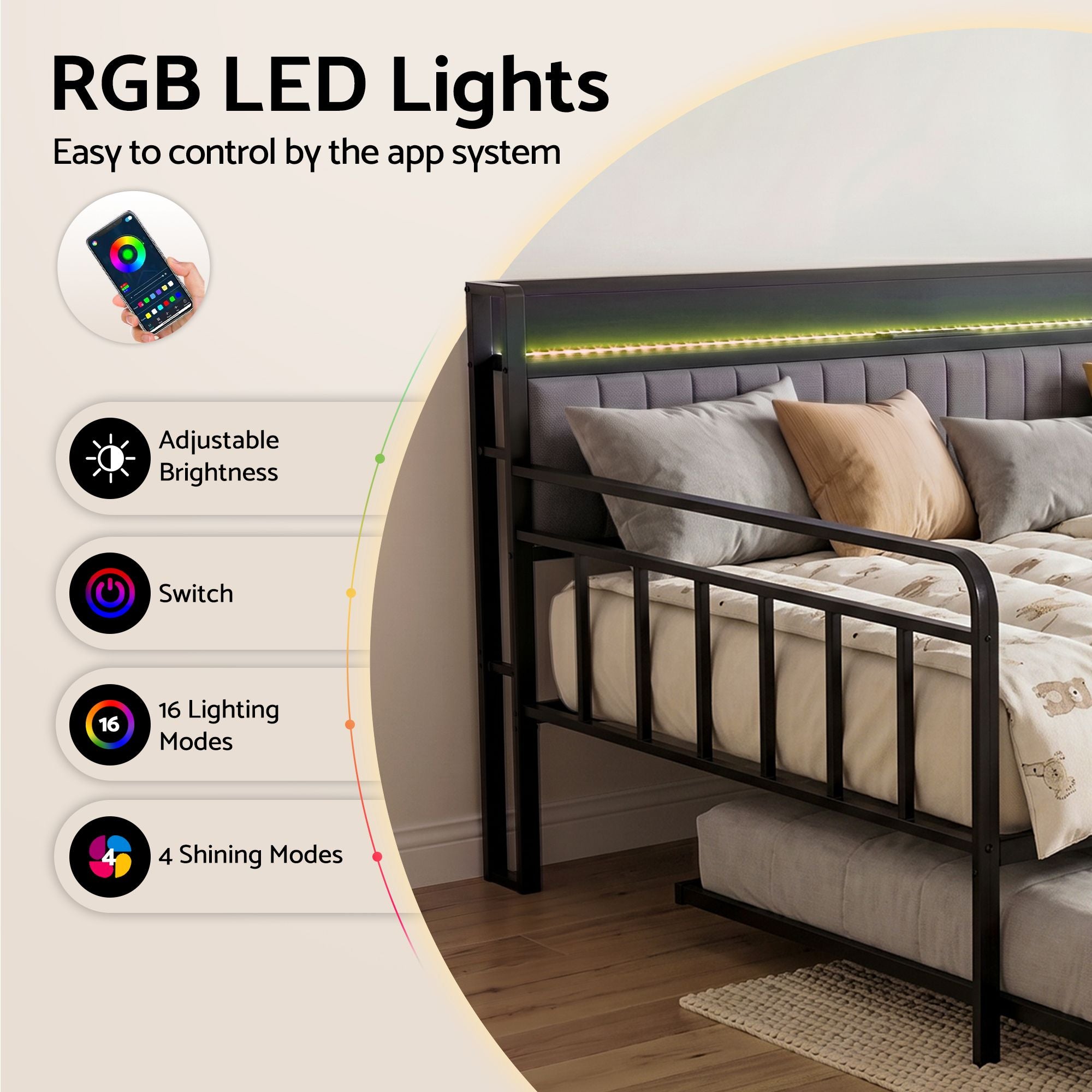 Artiss Bed Frame King Single LED Metal Trundle Daybed with Charging Station TURN