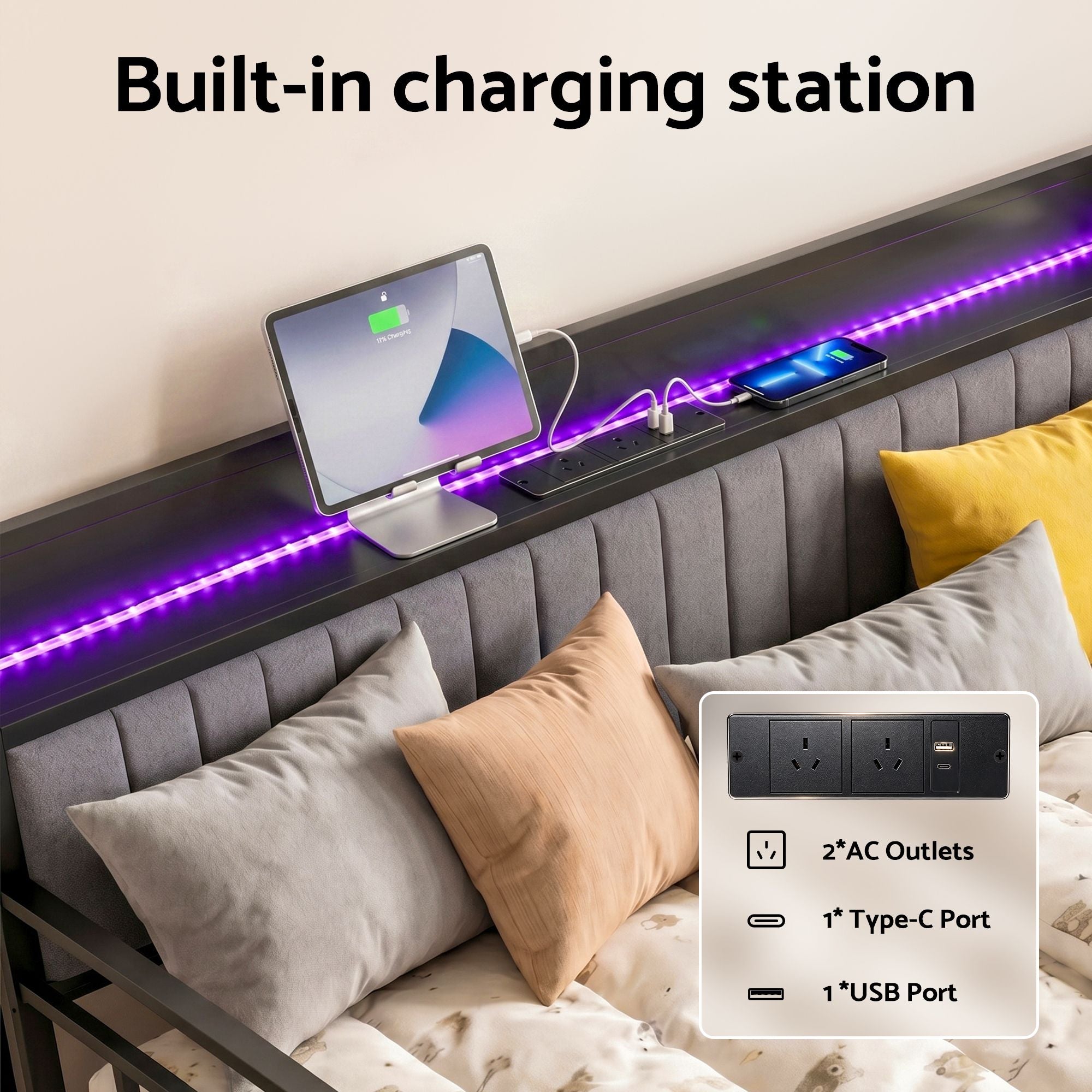 Artiss Bed Frame King Single LED Metal Trundle Daybed with Charging Station TURN