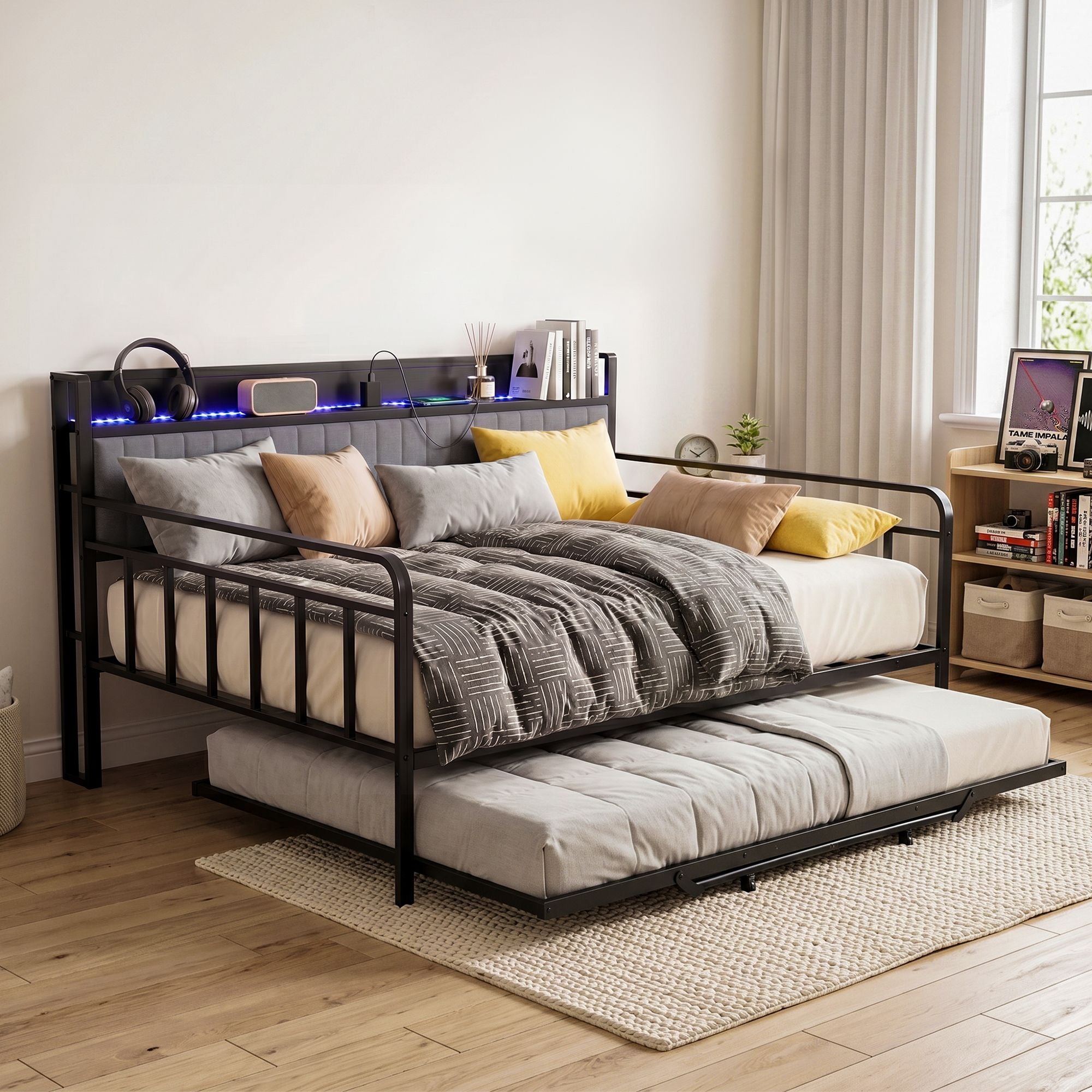 Artiss Bed Frame King Single LED Metal Trundle Daybed with Charging Station TURN