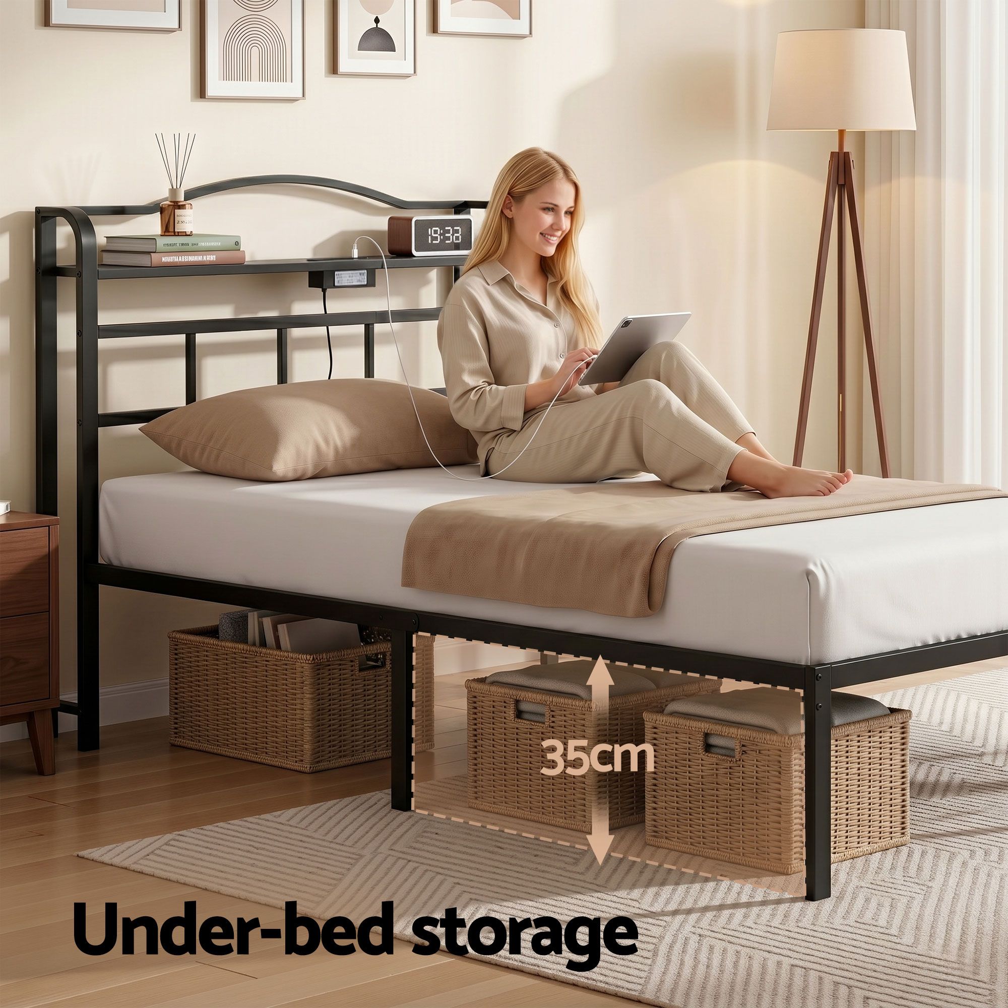 Artiss Bed Frame Single Size with Charging Station WAVE