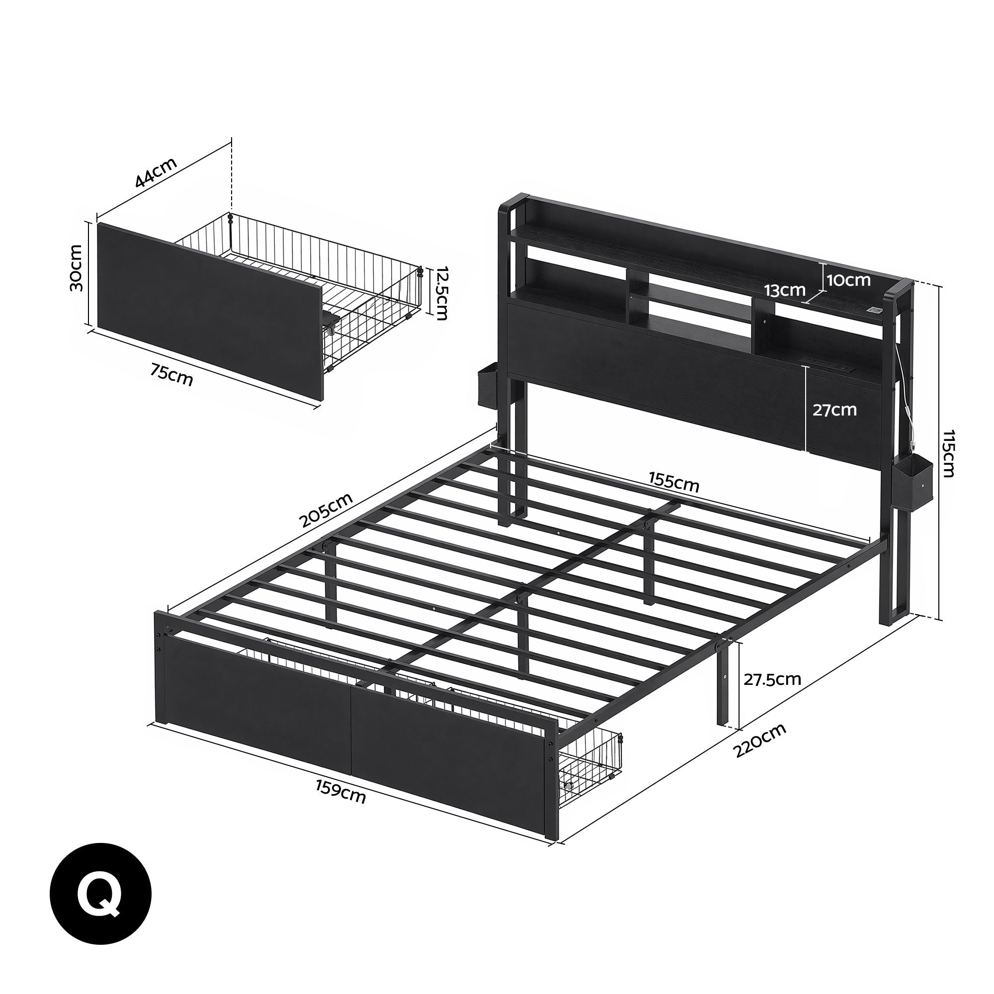 Artiss Bed Frame Queen with Charging Station Storage Organizer Drawers LED ZAC