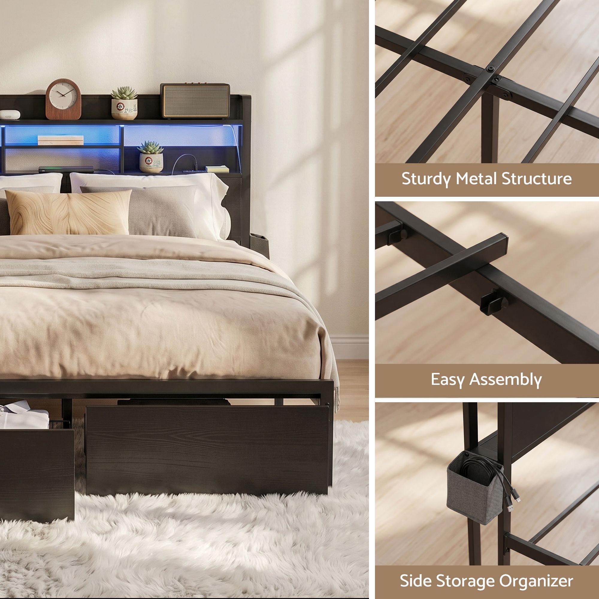 Artiss Bed Frame Queen with Charging Station Storage Organizer Drawers LED ZAC