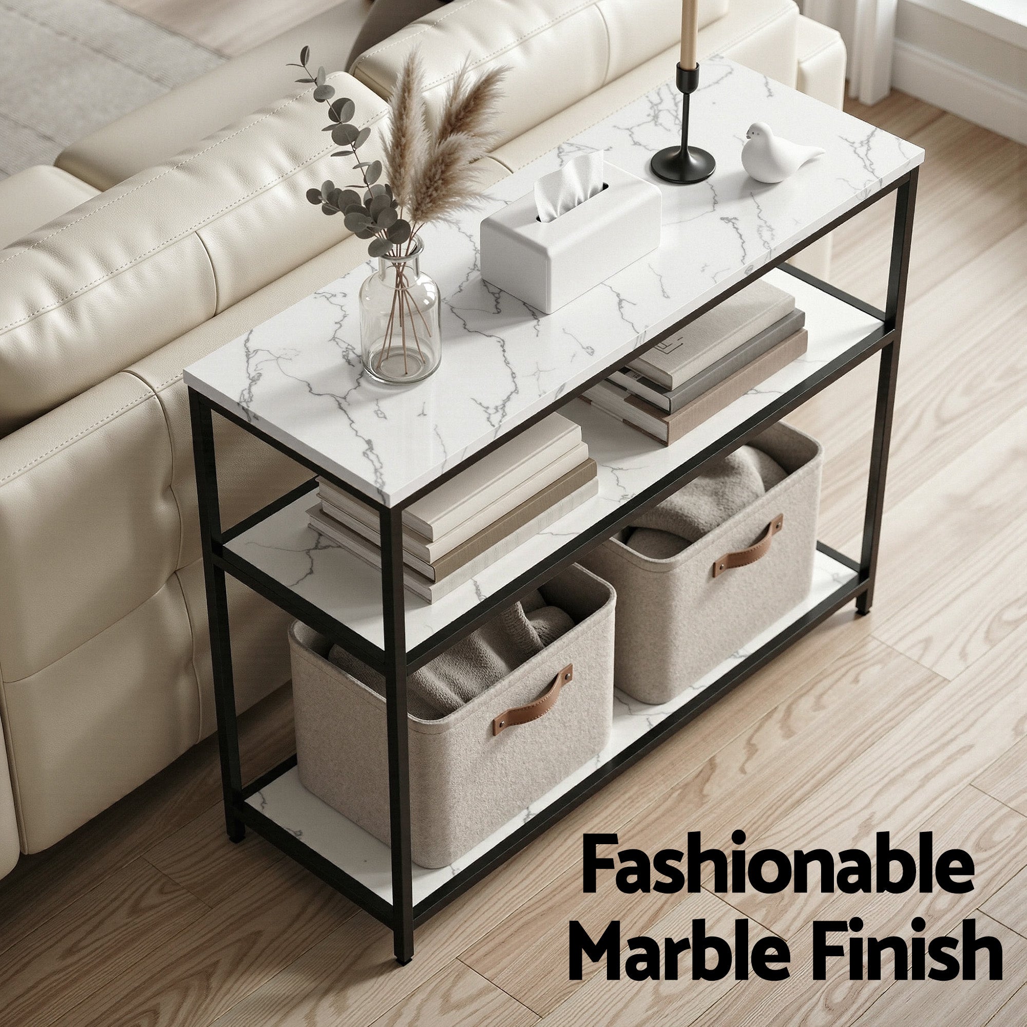 Artiss Console Table Marble Effect 3-Tier Sofa Entryway Side Table 90CM White