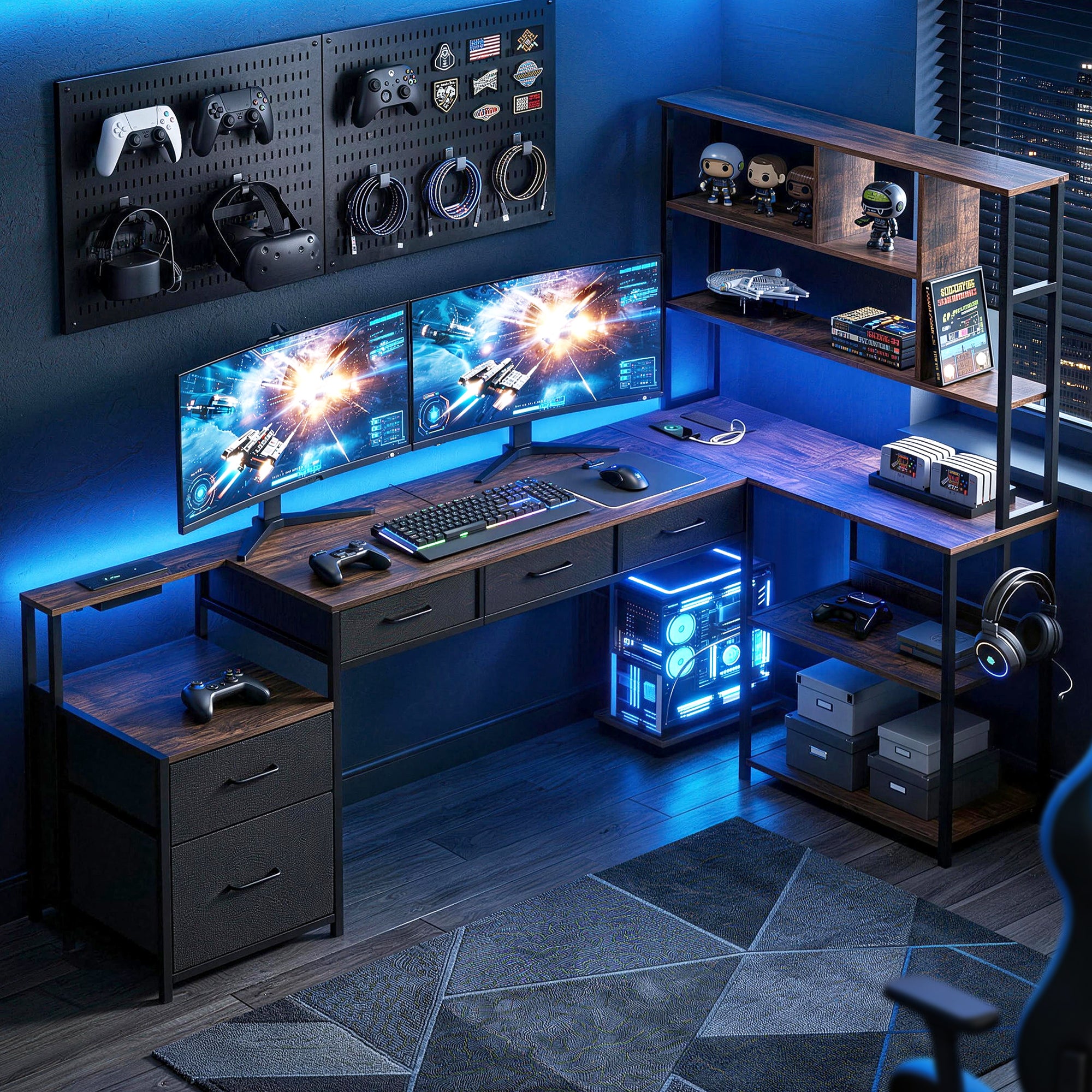 Artiss 200cm L Shaped Gaming Desk Computer Desk with LED Lights & Power Outlets