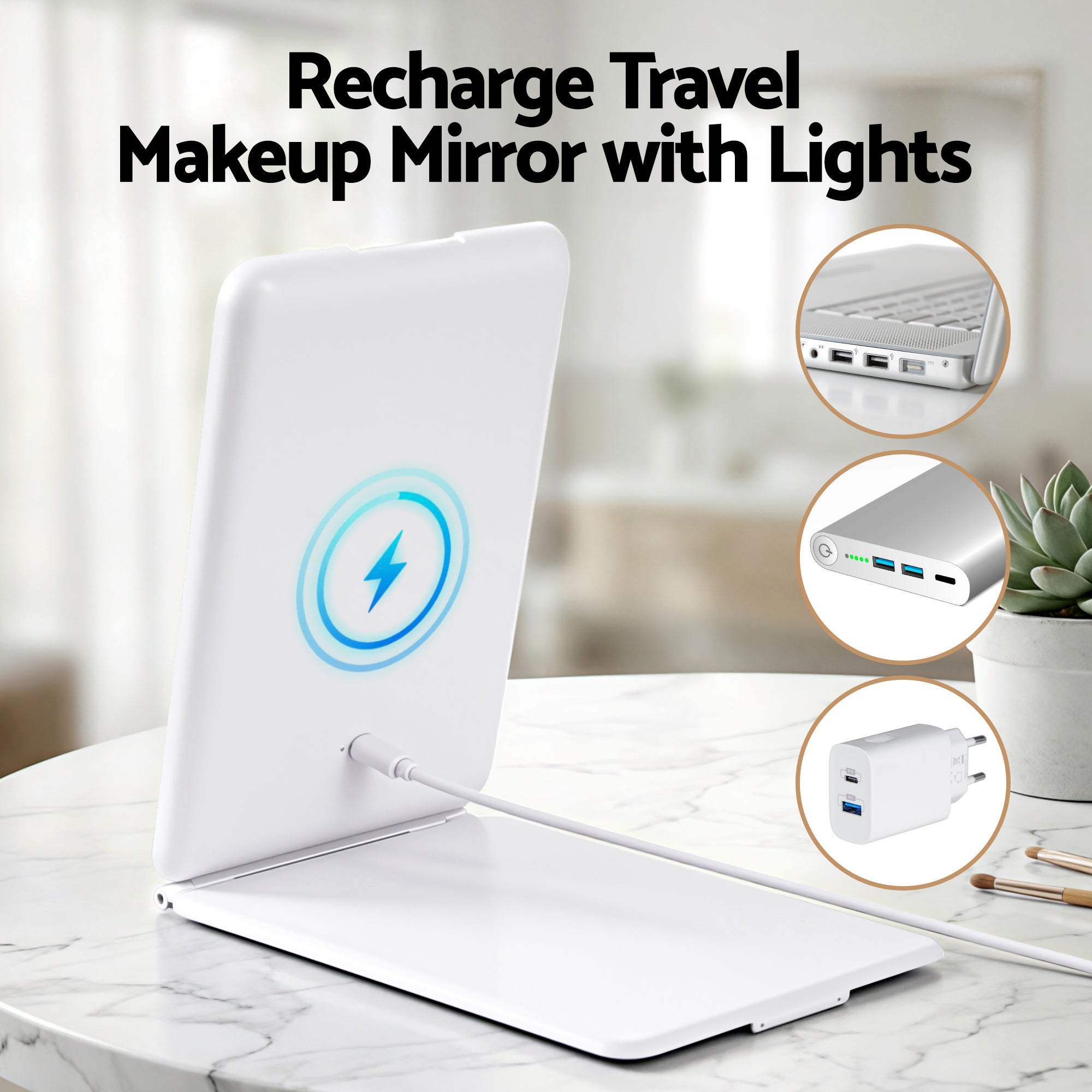 Embellir Portable Travel Makeup Mirror Rechargeable Makeup Mirror with Lights 10x Magnifier White