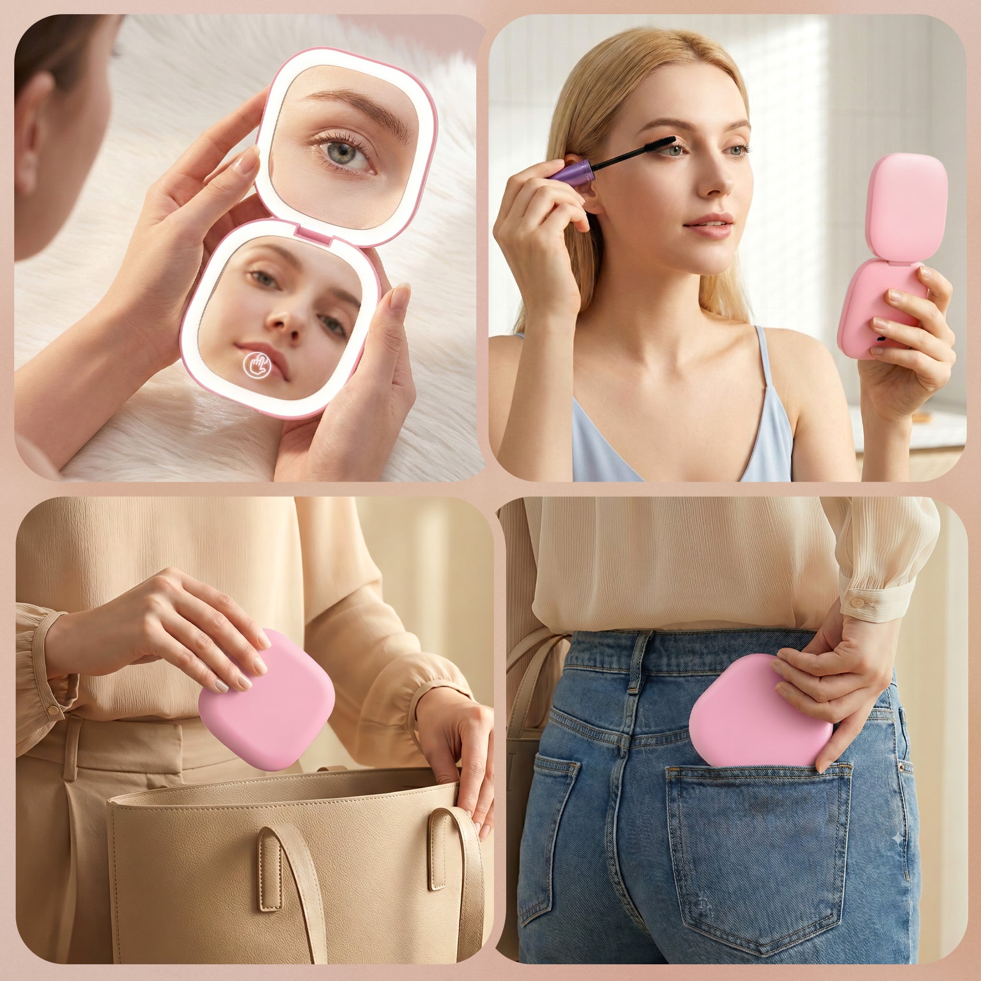 Embellir LED Compact Mirror Lighted Travel Makeup Mirror Pocket-Sized 1x 10x Magnification Square Pink - Free Delivery
