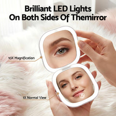 Embellir LED Compact Mirror Lighted Travel Makeup Mirror Pocket-Sized 1x 10x Magnification Square White - Free Delivery