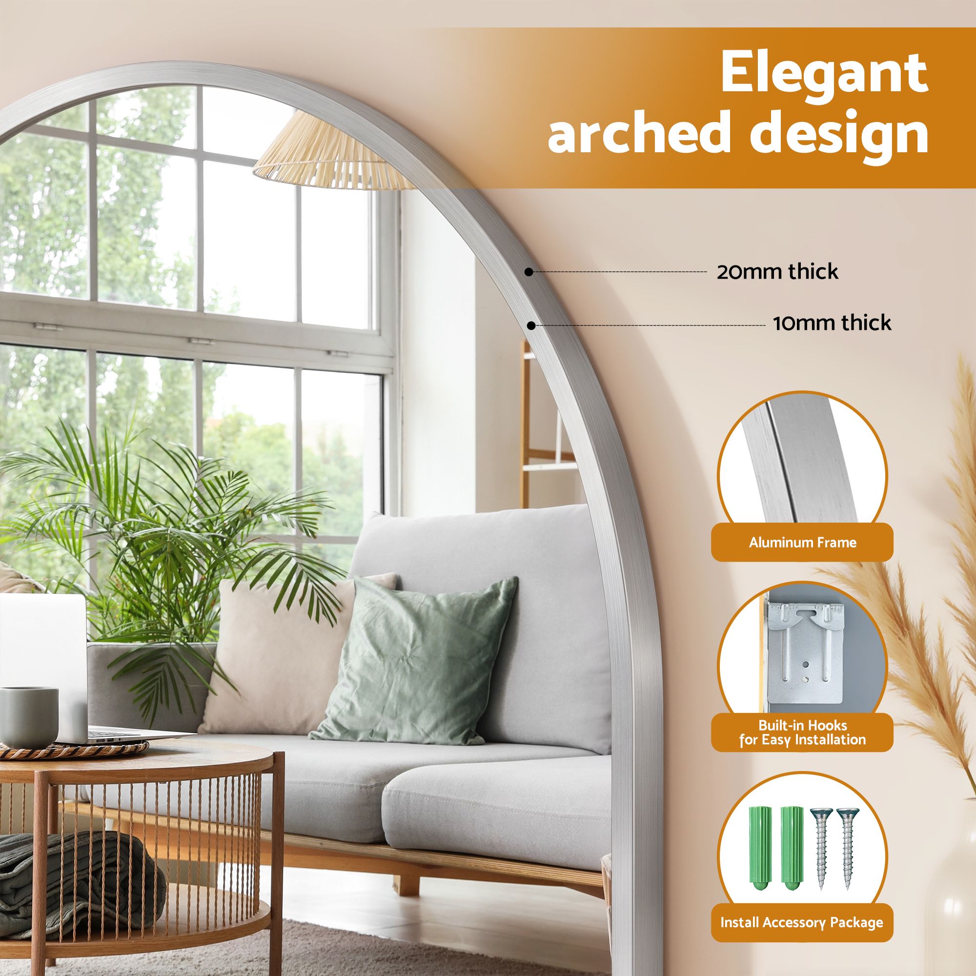 Embellir Arch Wall Mirror, Decorative Silver Frame Mirrors, 61x41cm Bathroom