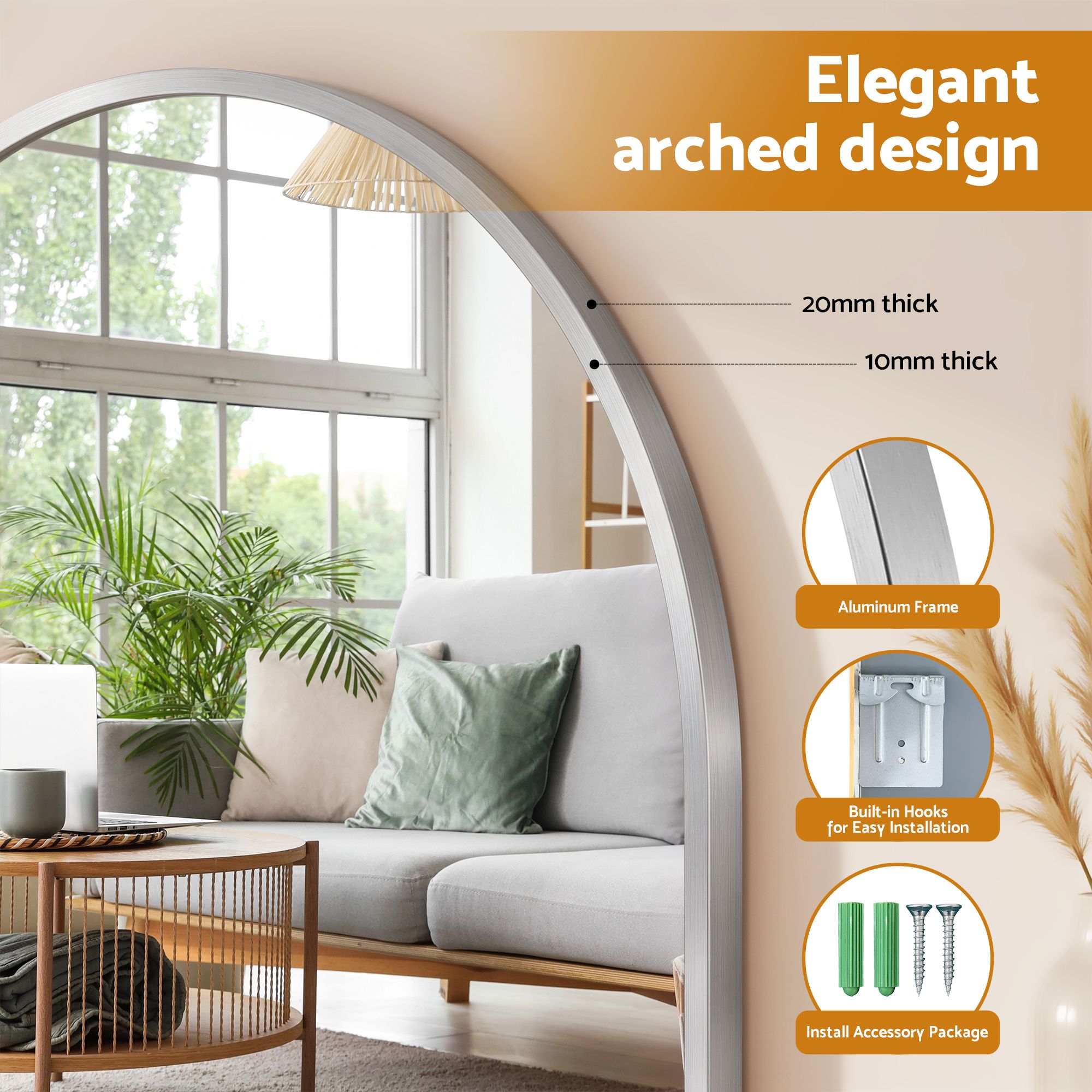 Embellir Arch Wall Mirror, Decorative Silver Frame Mirrors, 86x50cm Bathroom Vanity Mirror, Slim Frame for Living Room Entryway Bedroom Decor