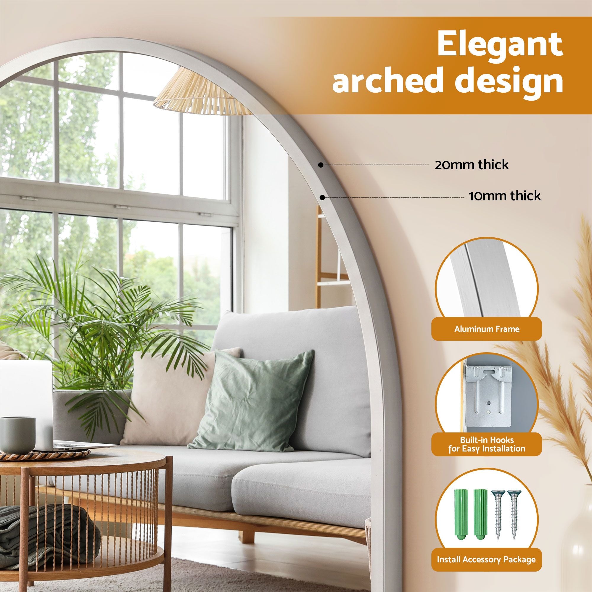 Embellir Arch Wall Mirror, Decorative Silver Frame Mirrors, 86x81cm Bathroom