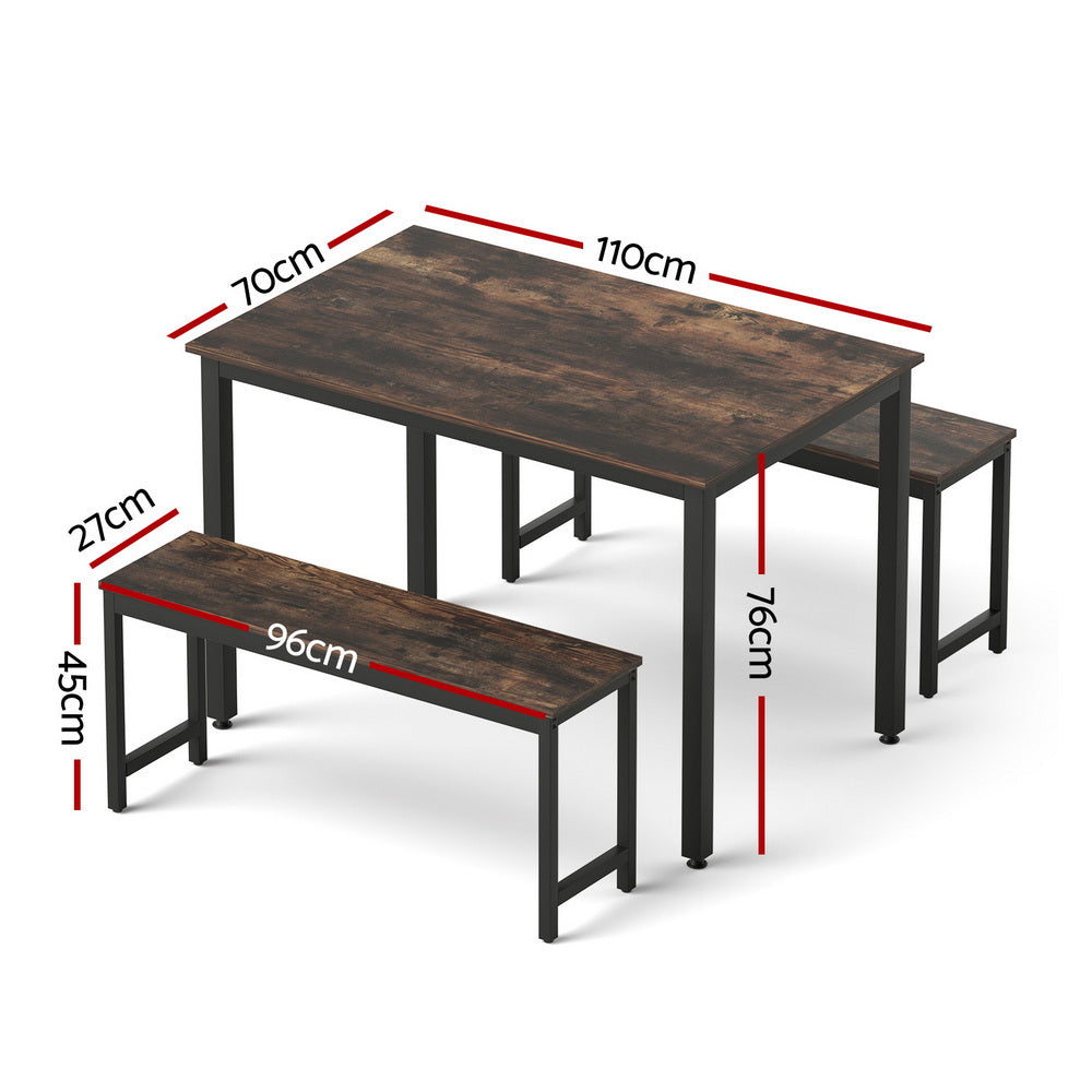 Artiss Dining Table and Chairs Set 3 Piece Kitchen Metal Desk Bench Dark Walnut
