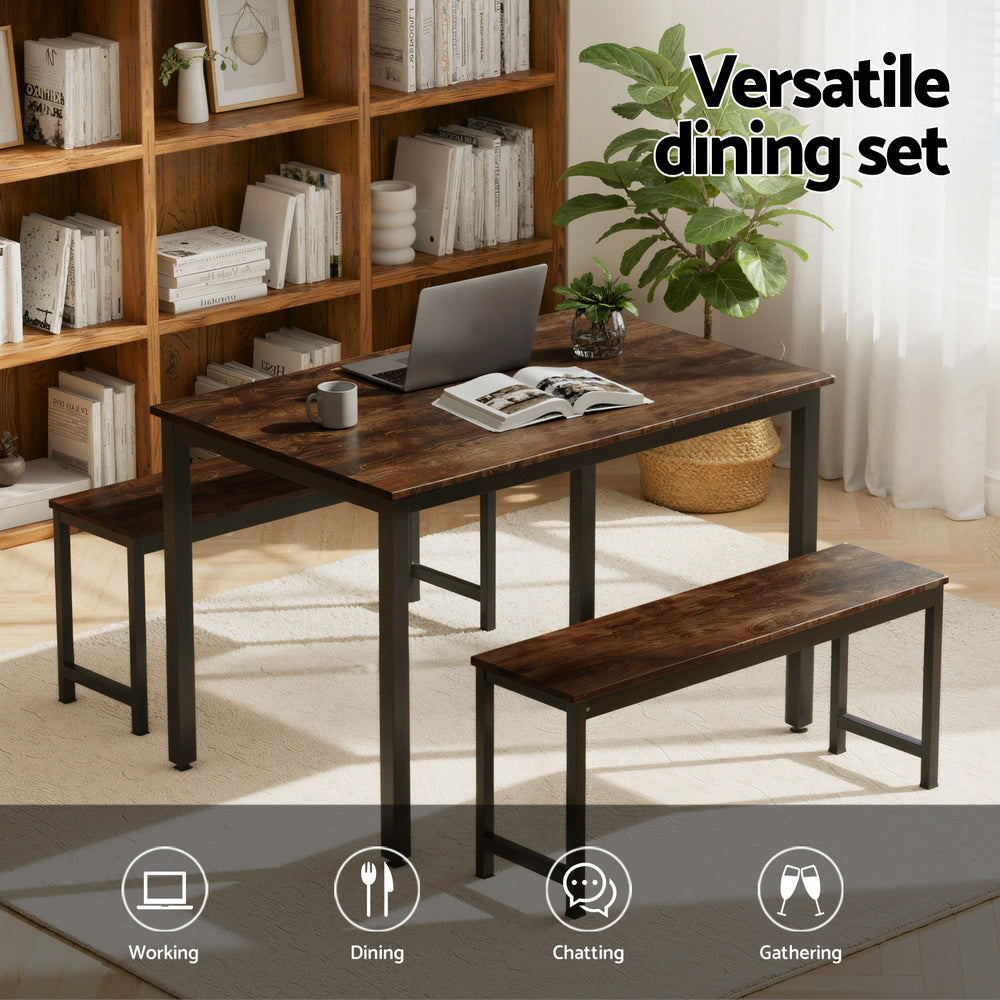 Artiss Dining Table and Chairs Set 3 Piece Kitchen Metal Desk Bench Dark Walnut