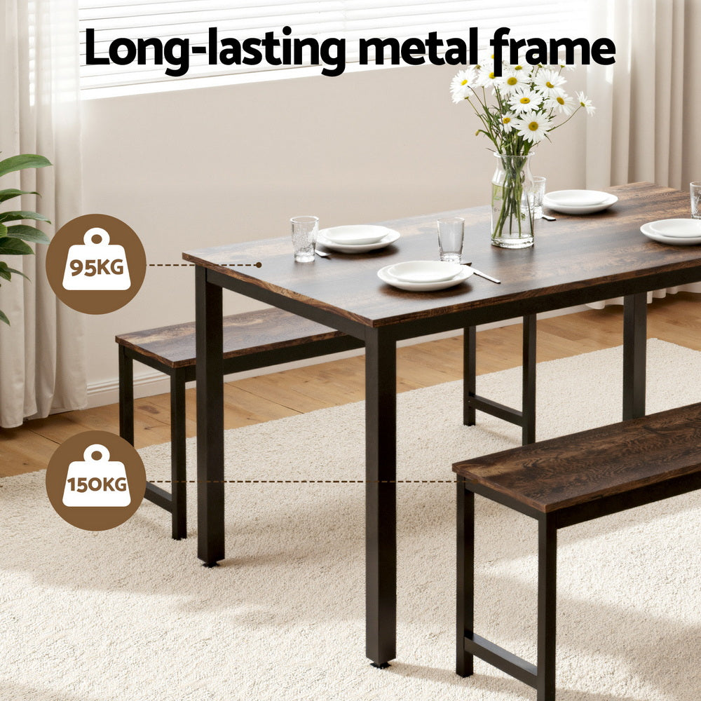 Artiss Dining Table and Chairs Set 3 Piece Kitchen Metal Desk Bench Dark Walnut