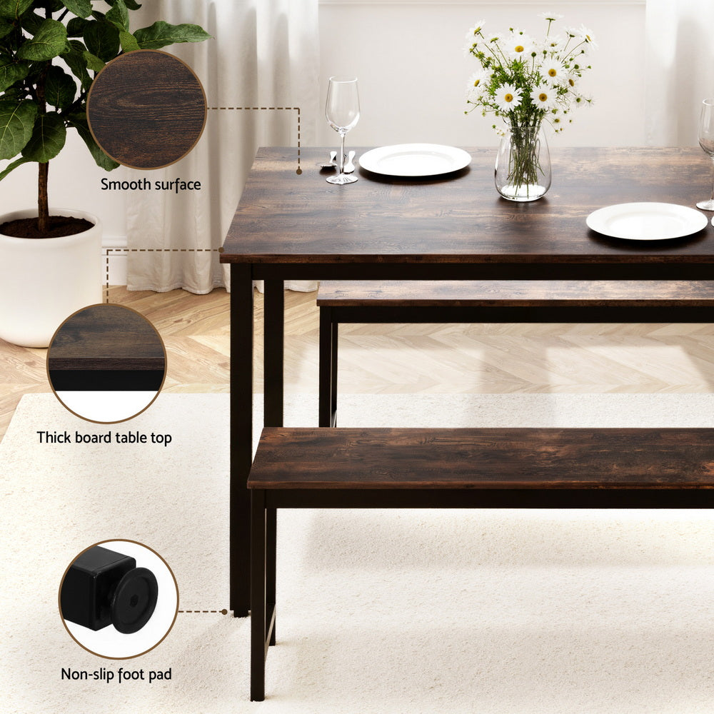 Artiss Dining Table and Chairs Set 3 Piece Kitchen Metal Desk Bench Dark Walnut