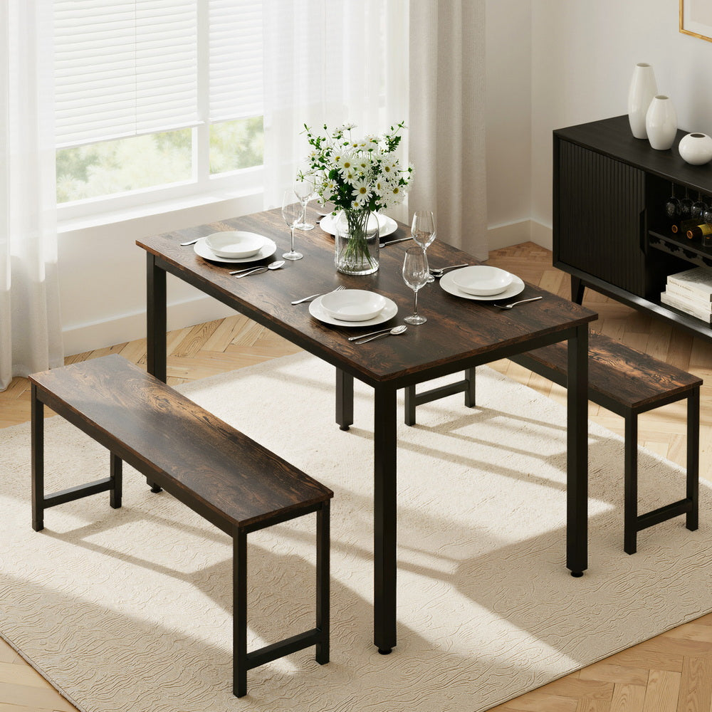 Artiss Dining Table and Chairs Set 3 Piece Kitchen Metal Desk Bench Dark Walnut