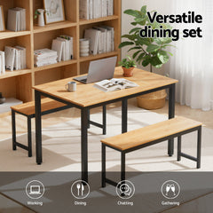 Artiss Dining Table and Chairs Set 3 Piece Kitchen Metal Desk Bench Natural Oak