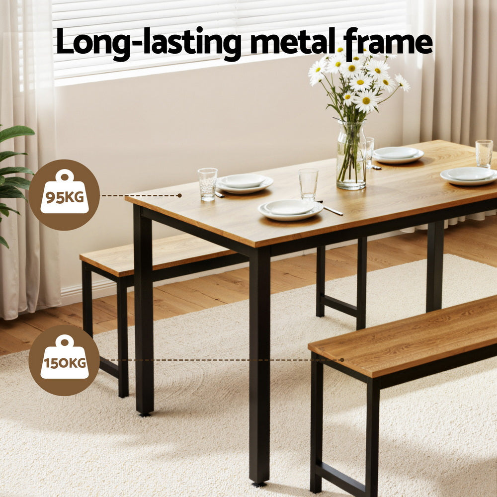 Artiss Dining Table and Chairs Set 3 Piece Kitchen Metal Desk Bench Natural Oak