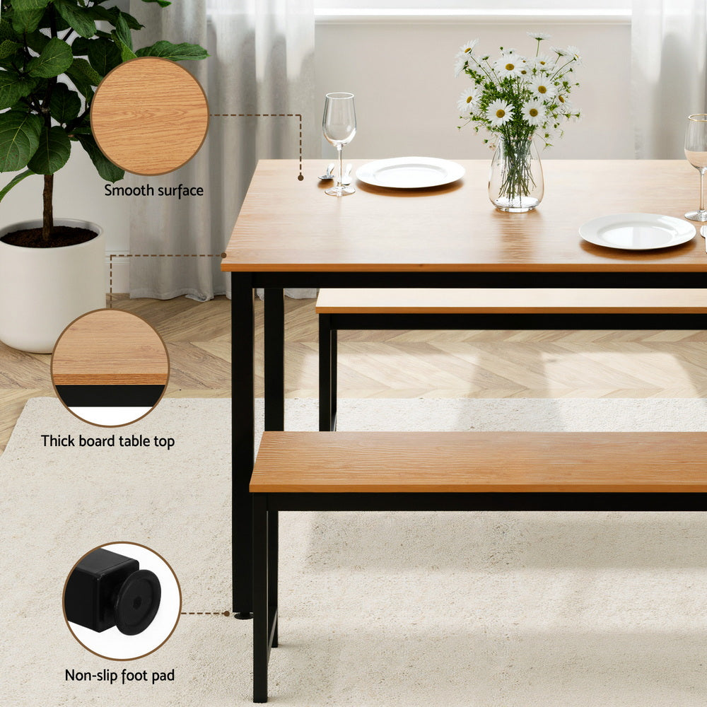 Artiss Dining Table and Chairs Set 3 Piece Kitchen Metal Desk Bench Natural Oak