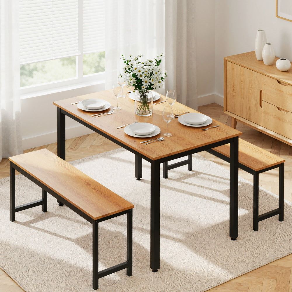 Artiss Dining Table and Chairs Set 3 Piece Kitchen Metal Desk Bench Natural Oak