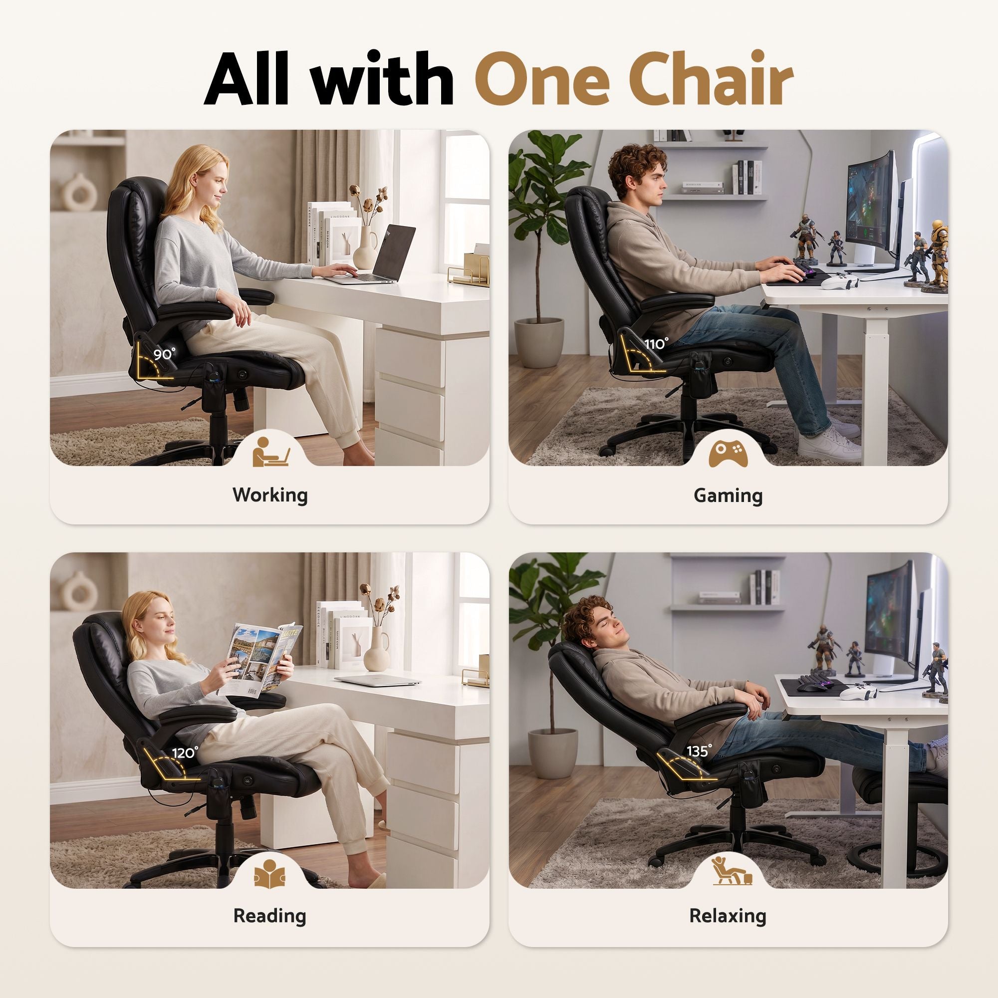 Artiss 8 Point Massage Office Chair Heated Seat Recliner PU Black