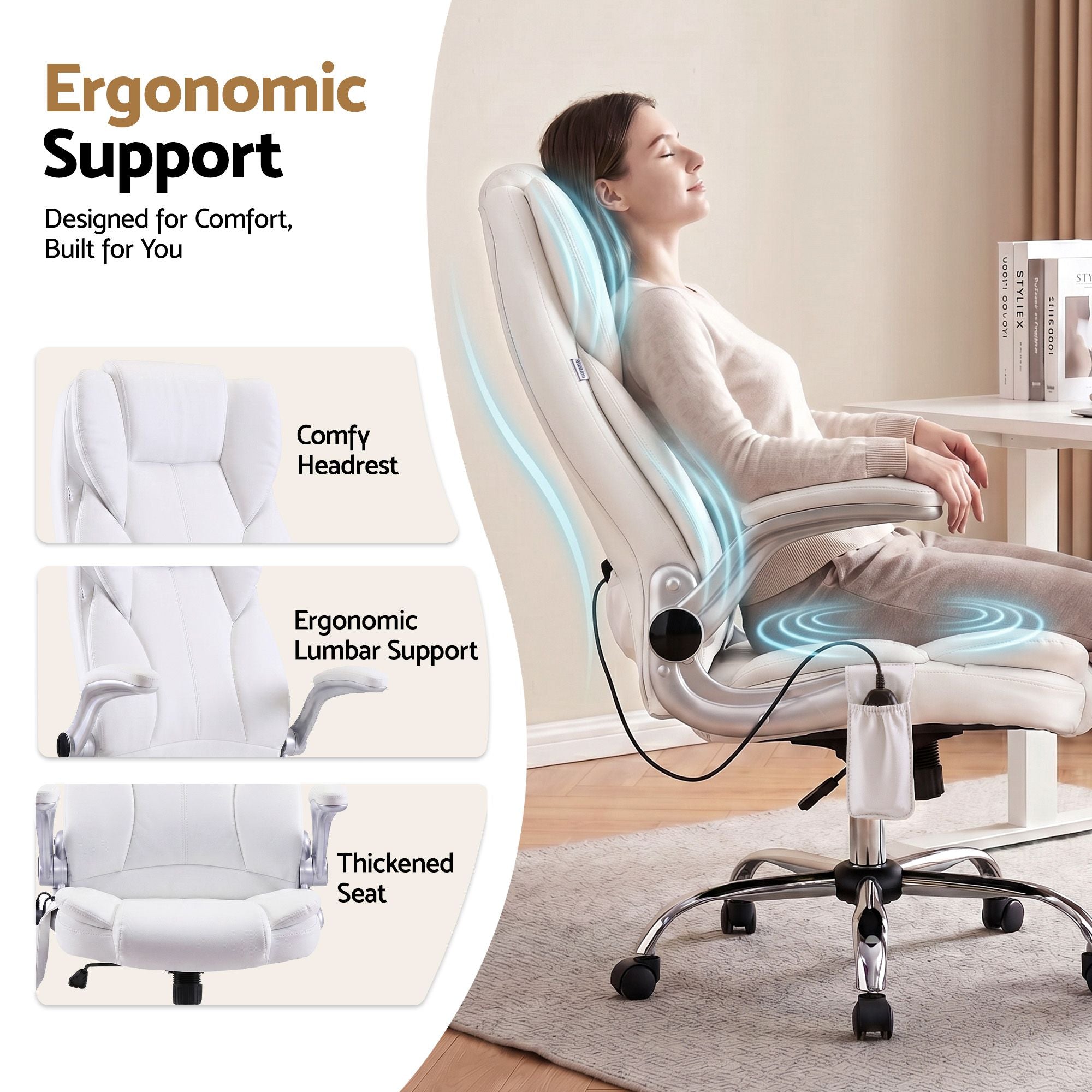 Artiss 8 Point Massage Office Chair PU Leather White