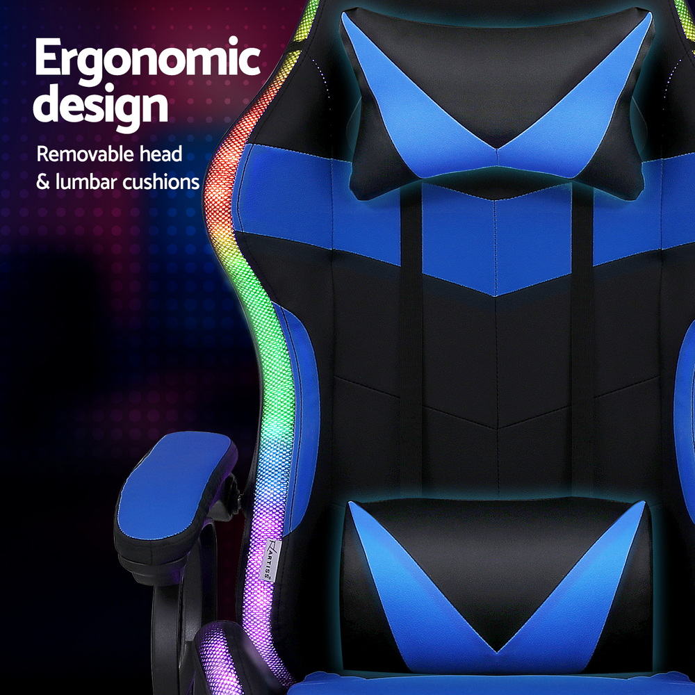 Artiss Gaming Office Chair 12 RGB LED Massage Computer Work Seat Footrest Blue