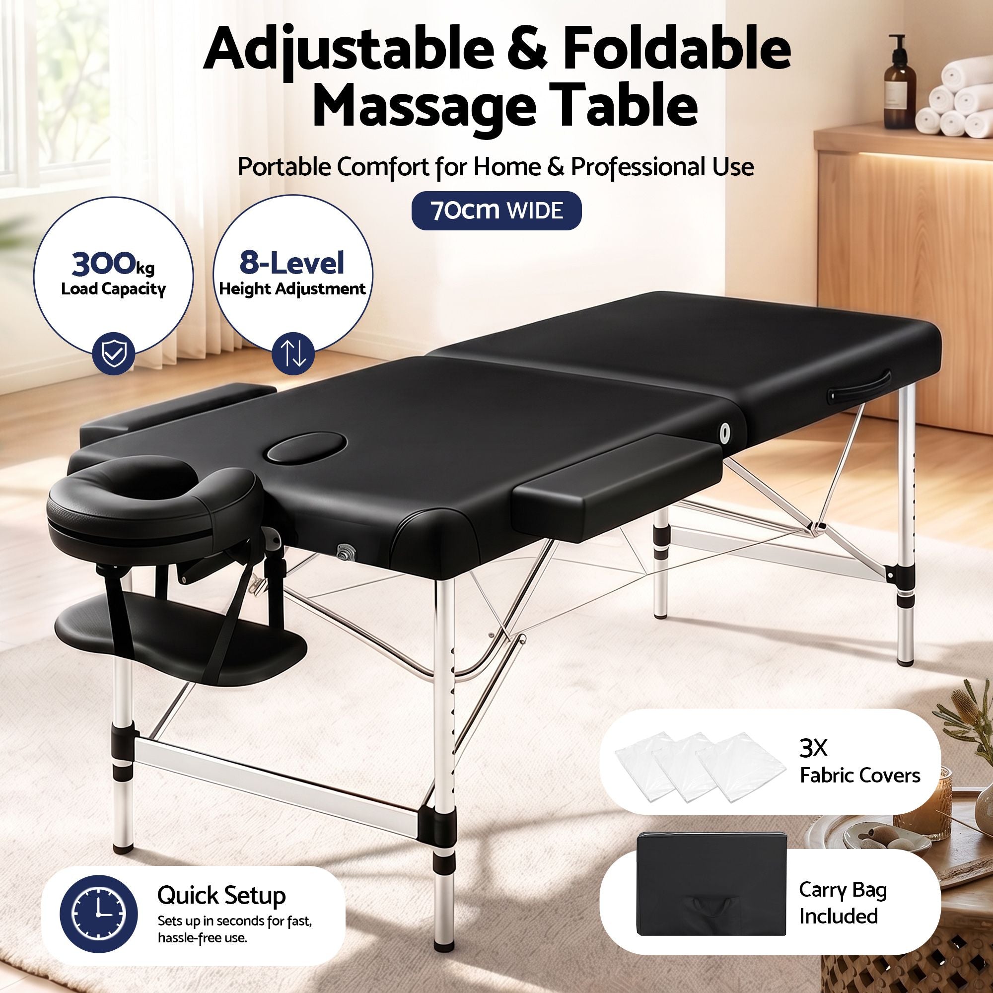 Zenses Massage Table 70cm Portable 2 Fold Aluminium Beauty Bed Black