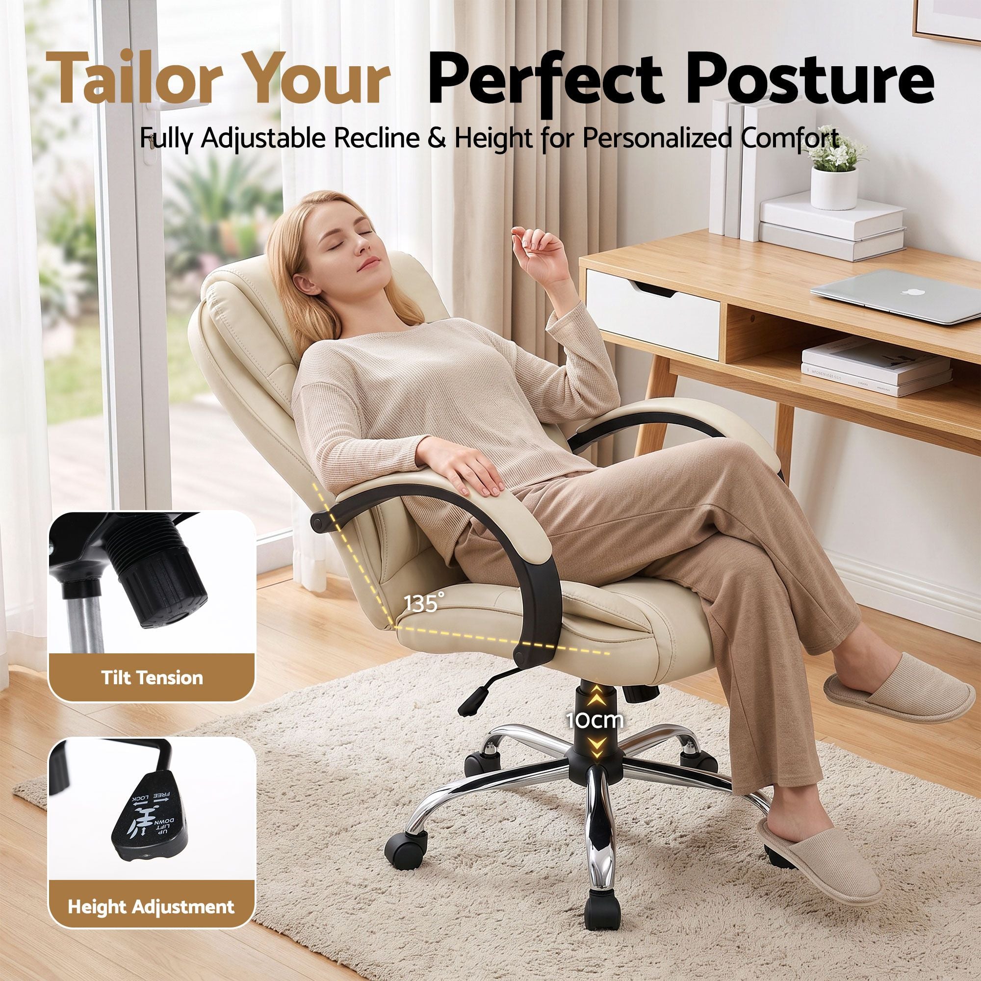 Artiss Executive Office Chair Leather Tilt Beige