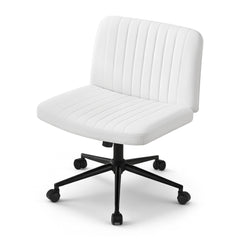 Artiss Criss Cross Chair with Wheels Wide Cross Legged Office Desk Vanity Chair PU Leather, Armless Height Adjustable Swivel Home Office Chair for Home Computer Task, White