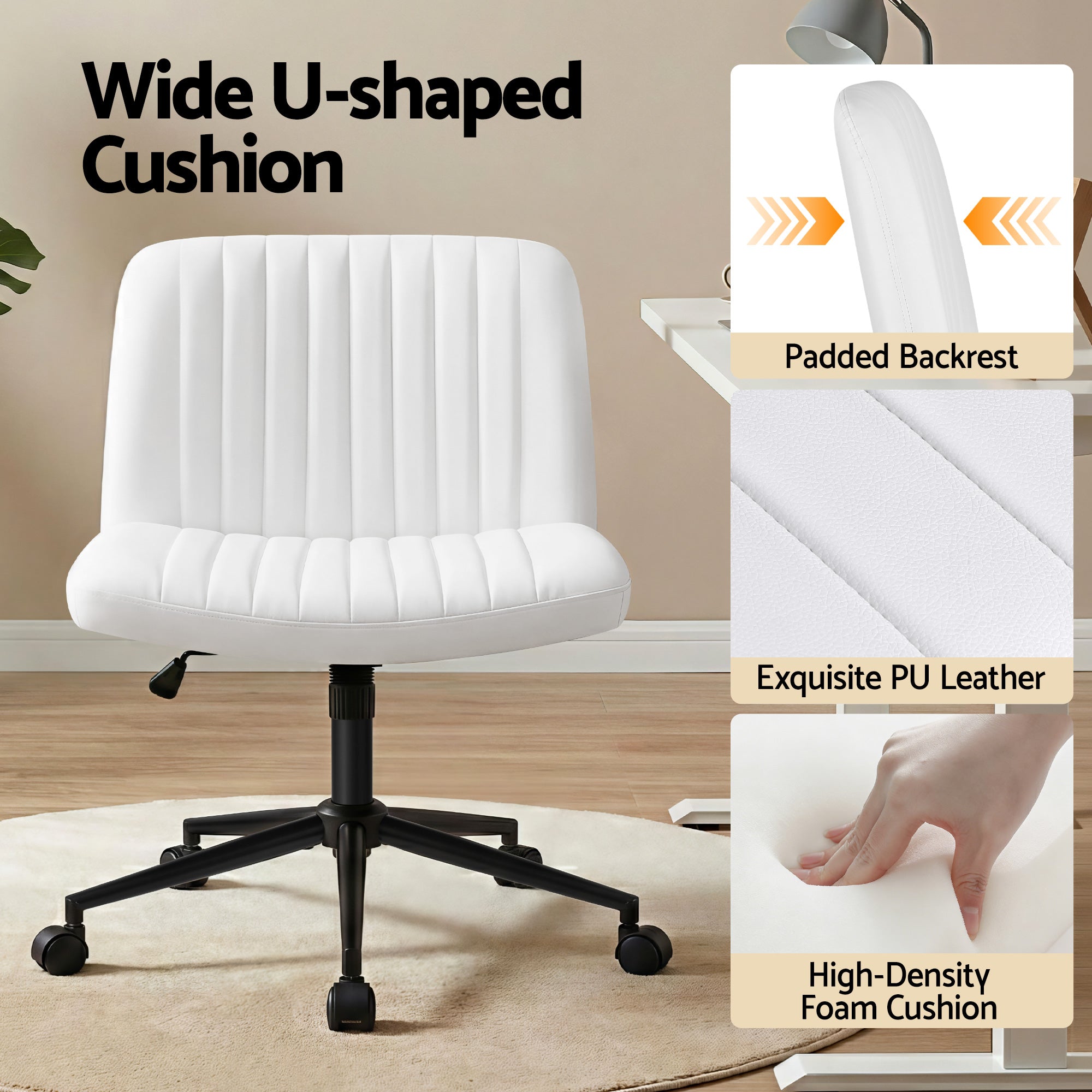 Artiss Criss Cross Chair with Wheels Wide Cross Legged Office Desk Vanity Chair PU Leather, Armless Height Adjustable Swivel Home Office Chair for Home Computer Task, White