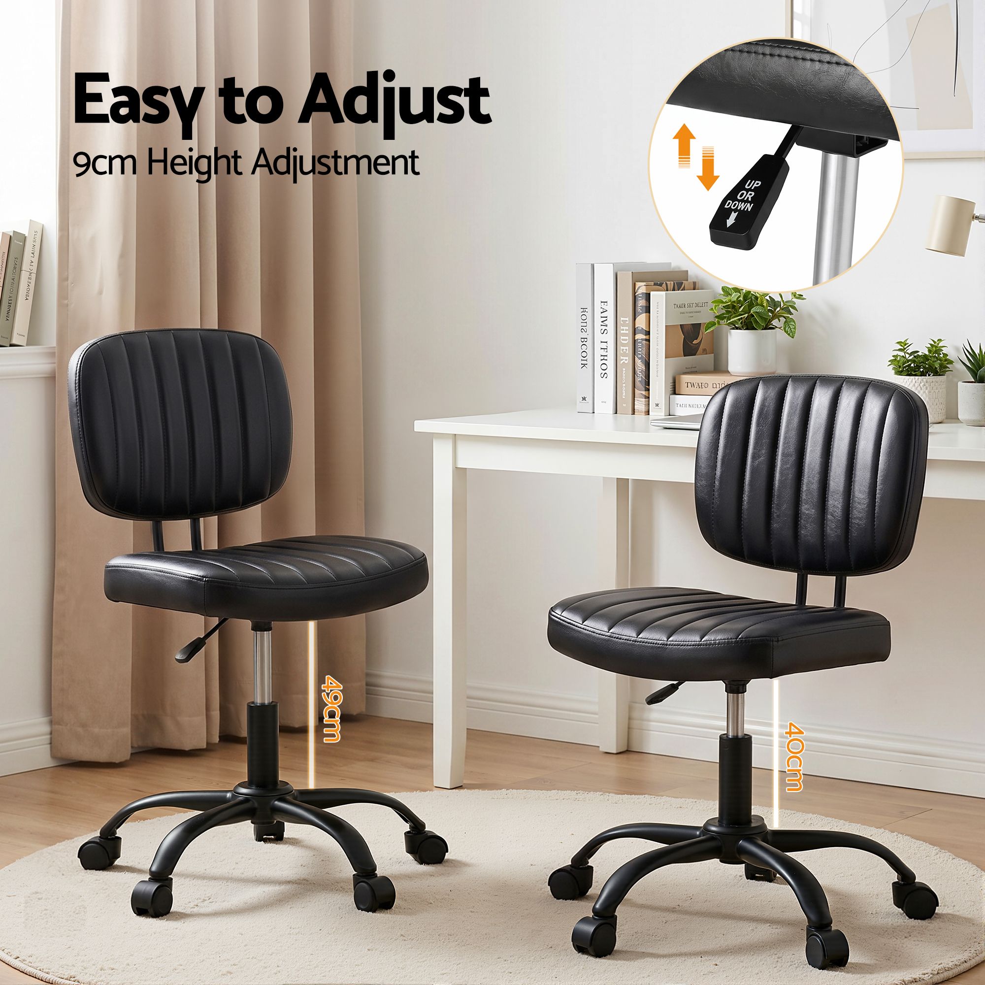 Artiss Armless Office Chair with Wheels, Ergonomic PU Leather Office Desk Chair