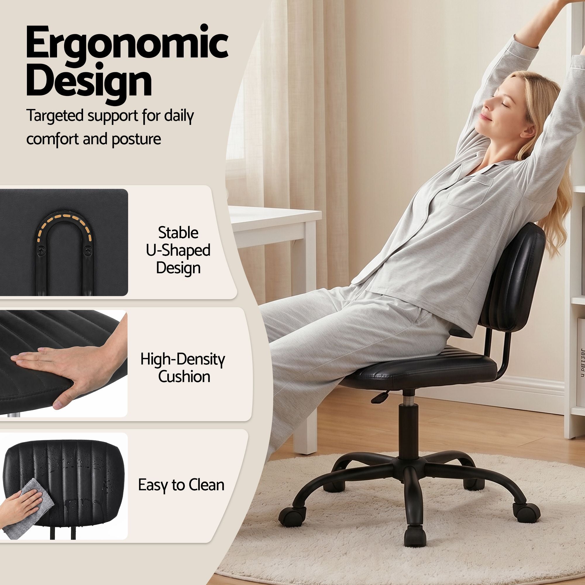 Artiss Armless Office Chair with Wheels, Ergonomic PU Leather Office Desk Chair