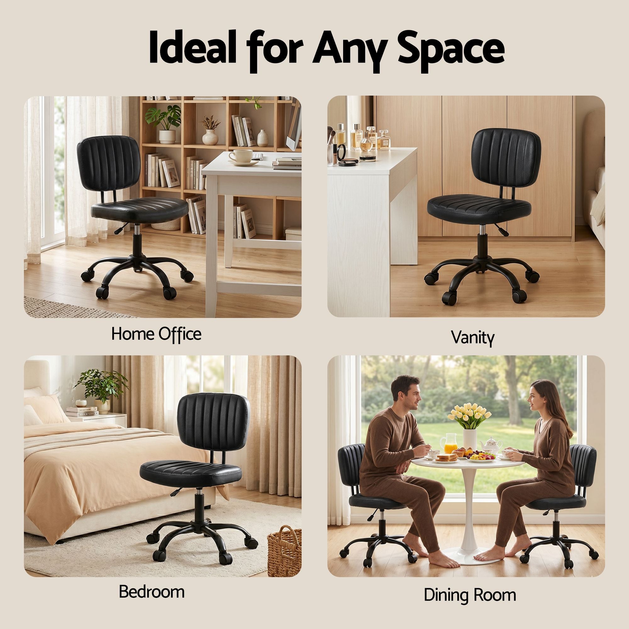 Artiss Armless Office Chair with Wheels, Ergonomic PU Leather Office Desk Chair