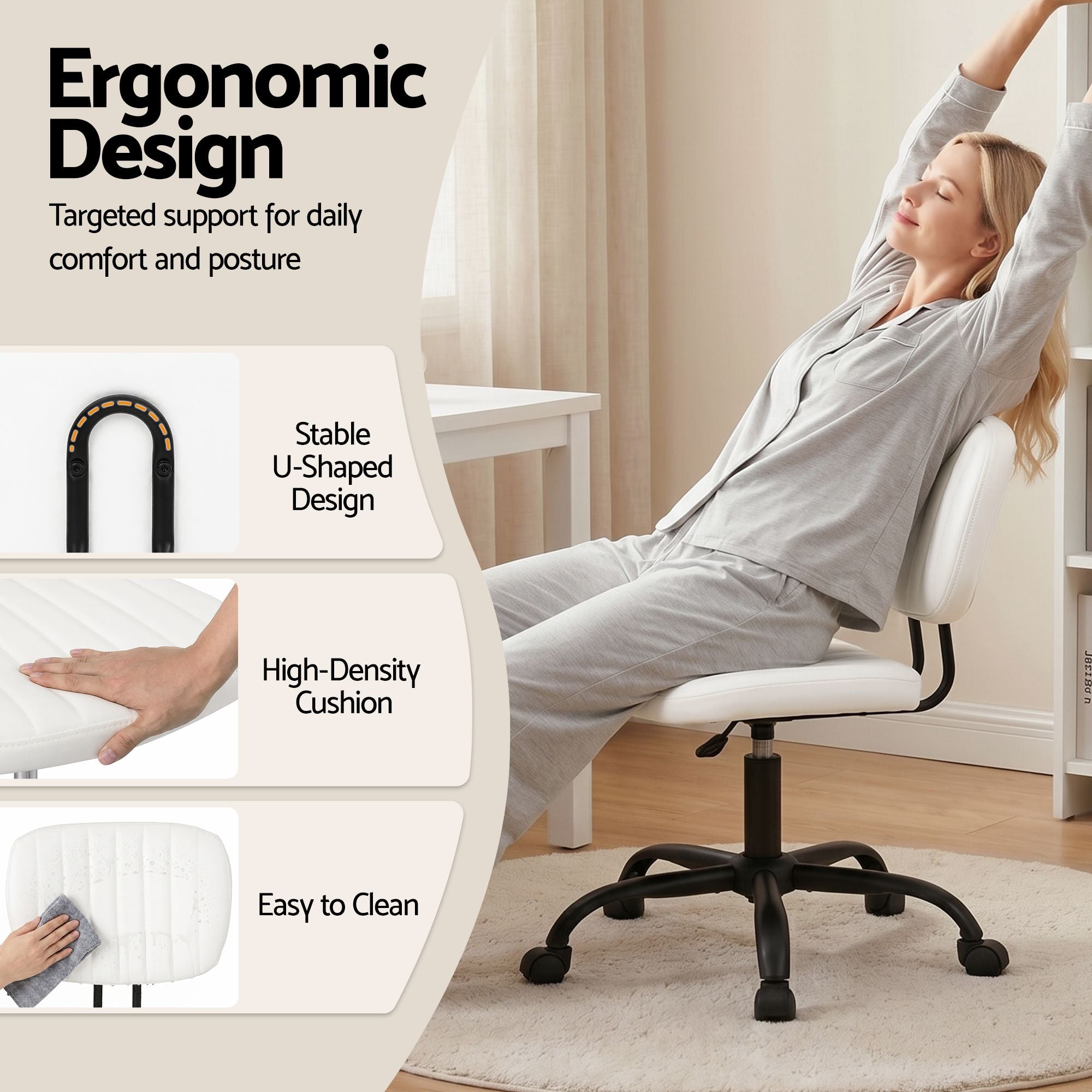 Artiss Armless Office Chair with Wheels, Ergonomic PU Leather Office Desk Chair
