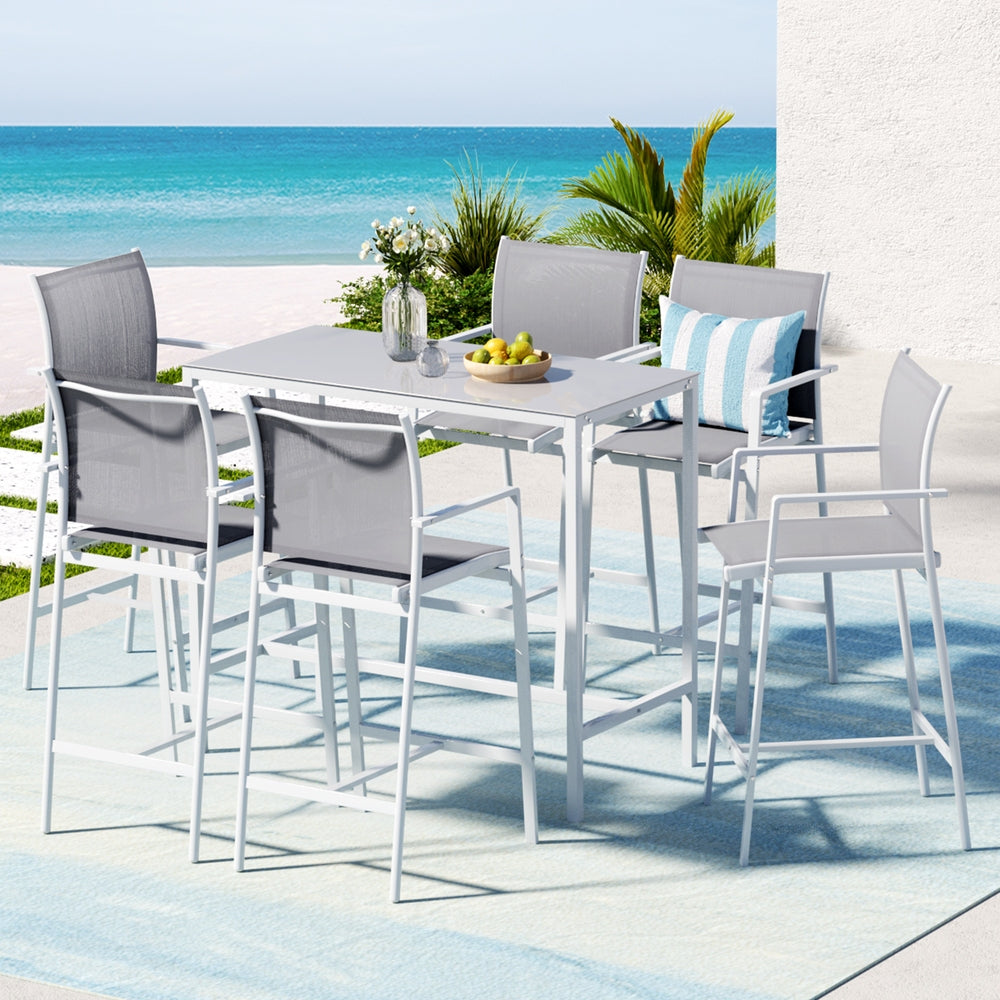 Gardeon 7PCS Outdoor Bar Set Stools Dining Chairs Table Patio Steel Bistro Set White