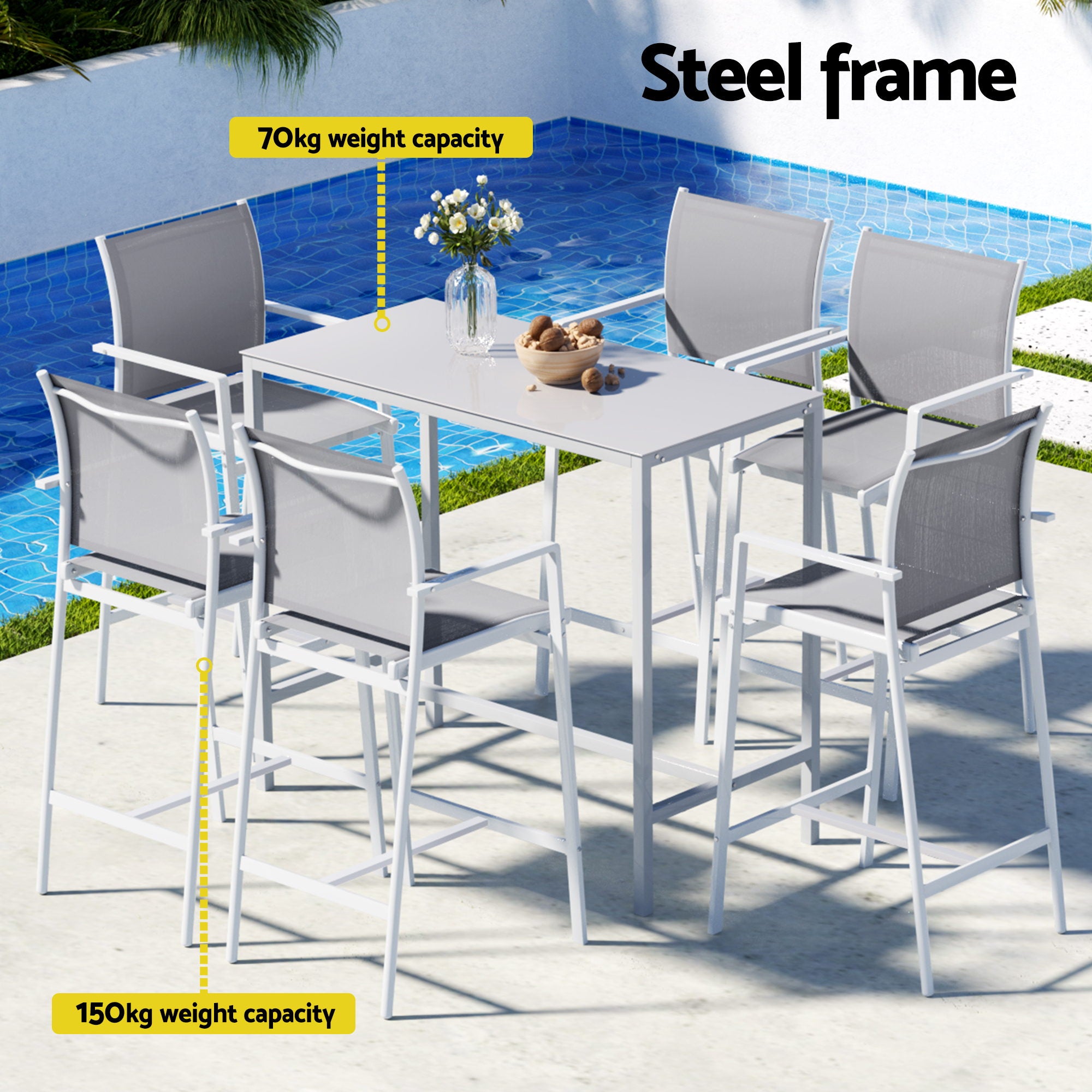 Gardeon 7PCS Outdoor Bar Set Stools Dining Chairs Table Patio Steel Bistro Set