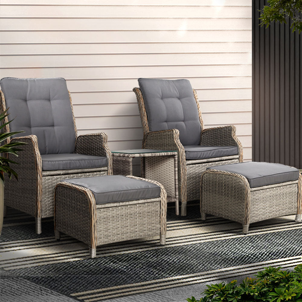 Gardeon 5PC Recliner Chairs Table Sun lounge Wicker Outdoor Furniture Adjustable