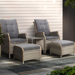 Gardeon 5PC Recliner Chairs Table Sun lounge Wicker Outdoor Furniture Adjustable