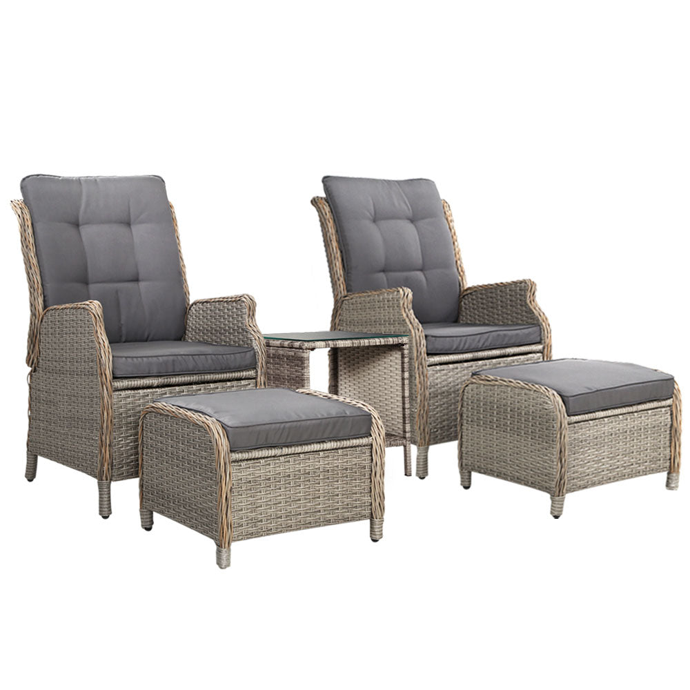 Gardeon 5PC Recliner Chairs Table Sun lounge Wicker Outdoor Furniture Adjustable