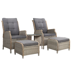 Gardeon 5PC Recliner Chairs Table Sun lounge Wicker Outdoor Furniture Adjustable