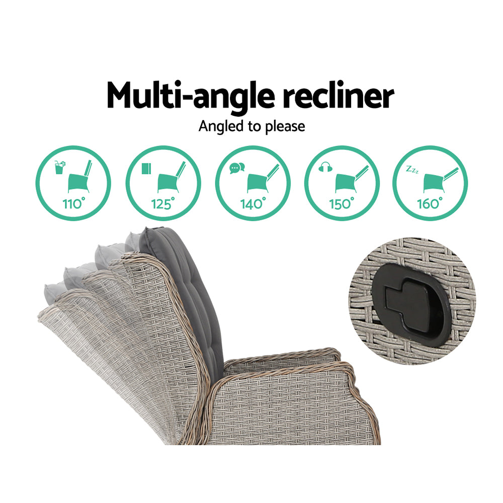 Gardeon 5PC Recliner Chairs Table Sun lounge Wicker Outdoor Furniture Adjustable