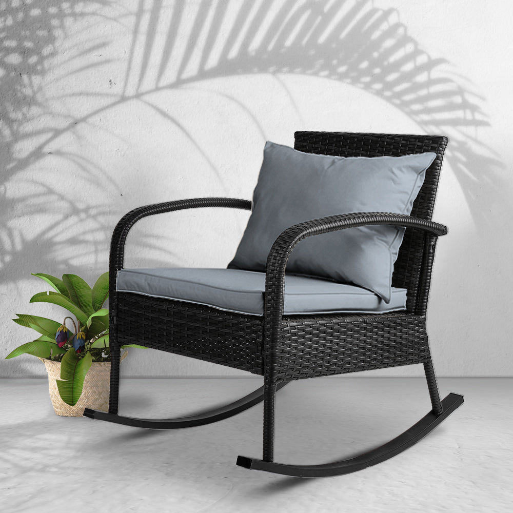 Gardeon Rocking Chair Wicker Outdoor Furniture Garden Patio Lounge Setting Black