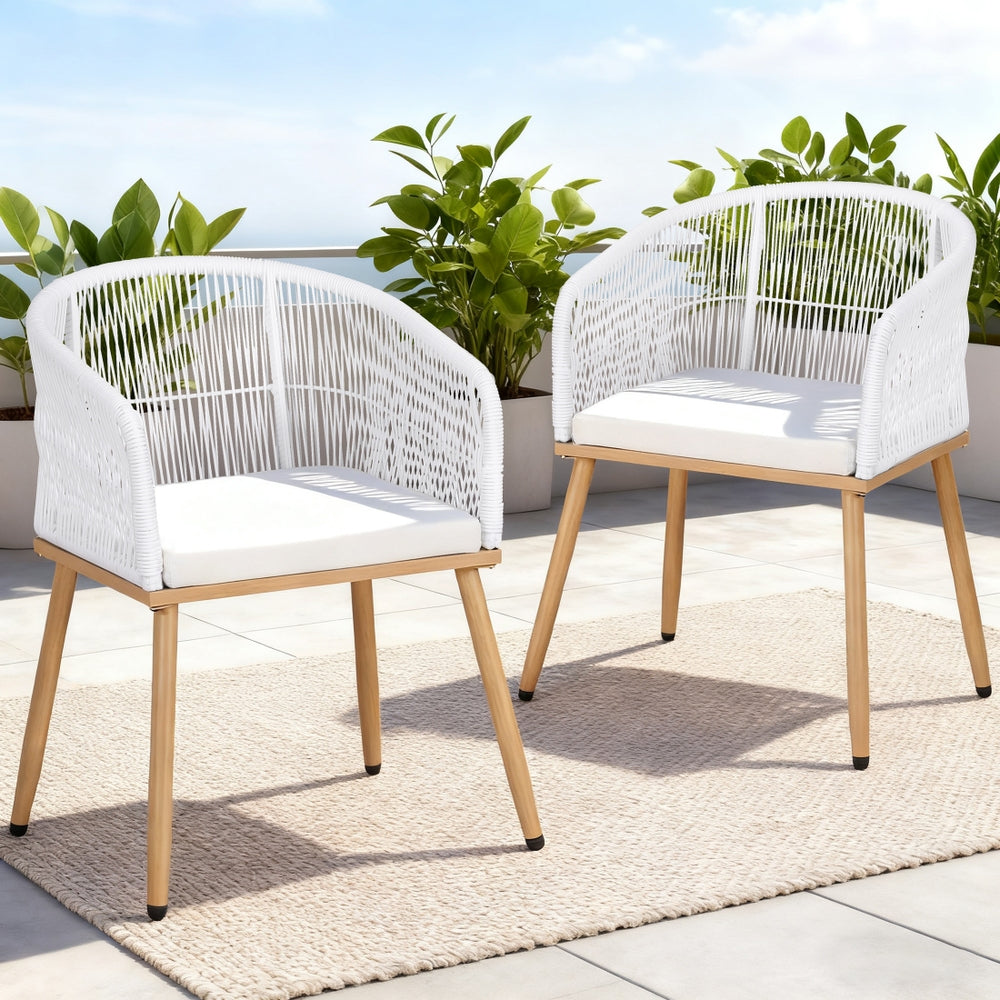 Gardeon 2 Piece Outdoor Dining Chairs Wicker Chair Patio Furniture Garden Steel White