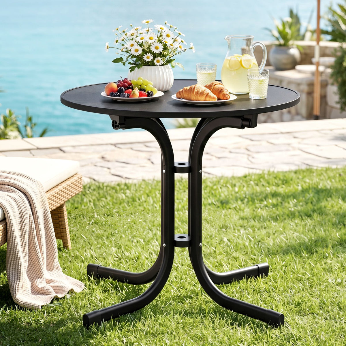Gardeon Outdoor Side Table 80cm Folding Steel Round Bistro Desk Cafe Patio