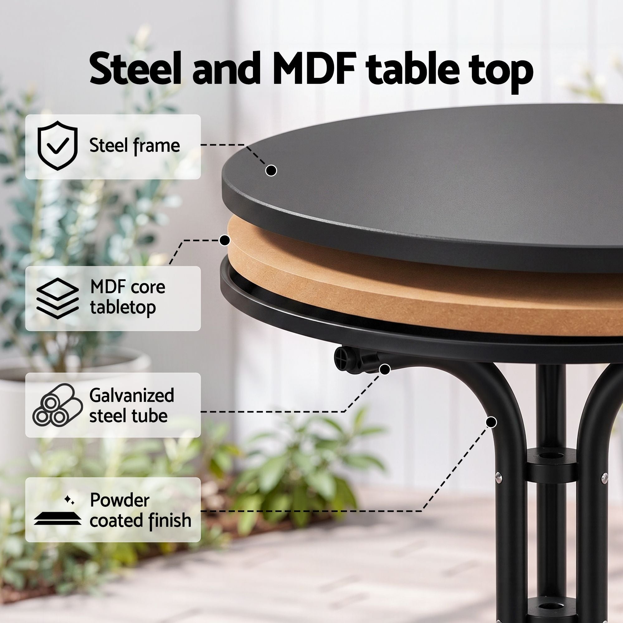 Gardeon Outdoor Side Table 80cm Folding Steel Round Bistro Desk Cafe Patio